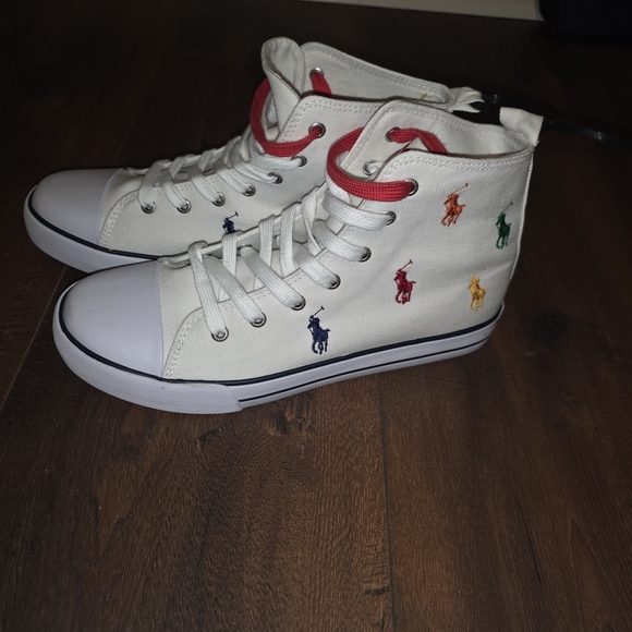 NWT-Polo Ralph Lauren White High-Top Sneakers with Multicolor Embroidery - Picture 2 of 16